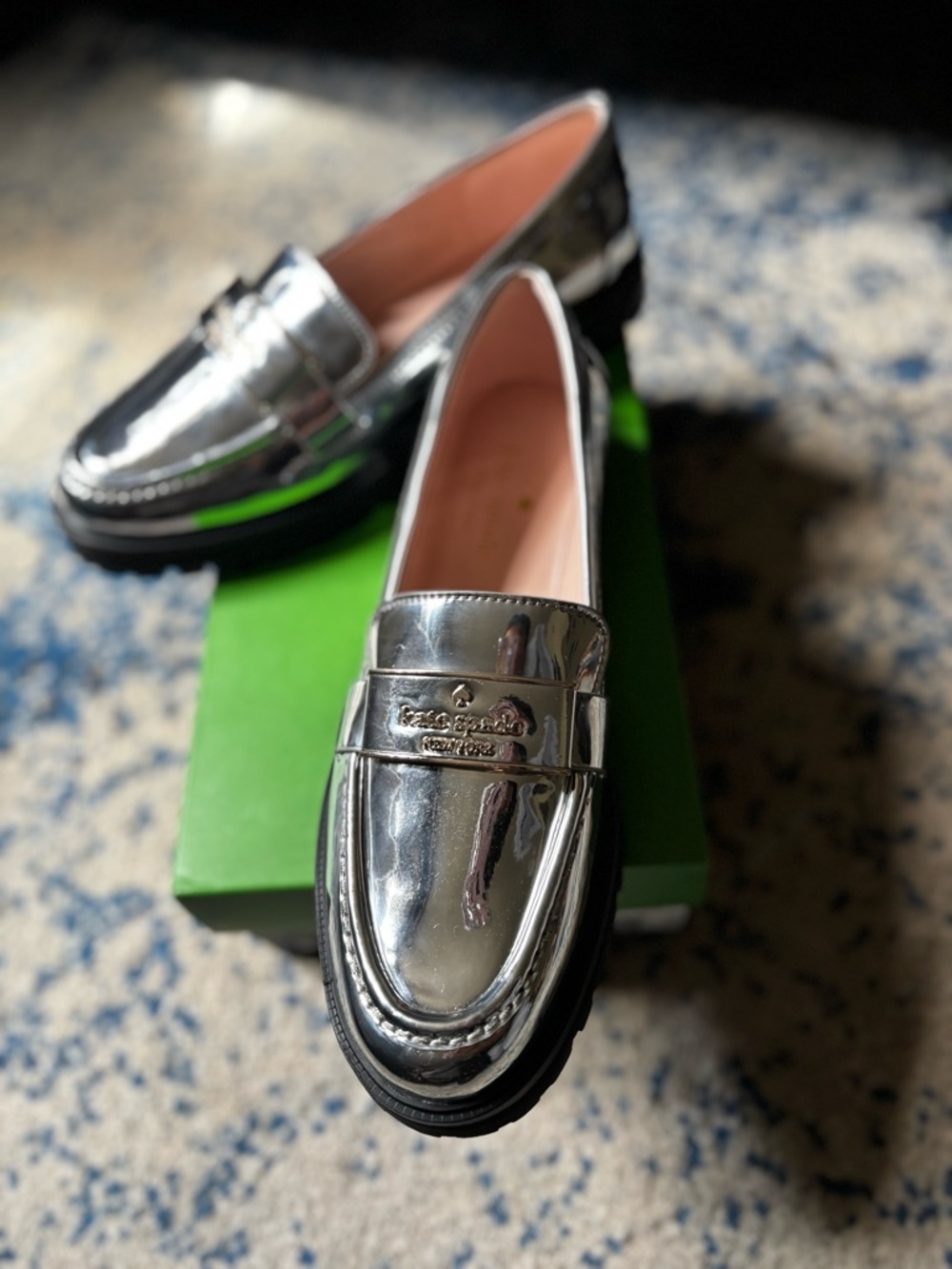 kate spade Silver Metallic Penny Loafers with Pink Lining